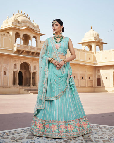 Sky Blue Net Sequins & Thread Work Customized Women Lehenga Choli With Net Dupatta