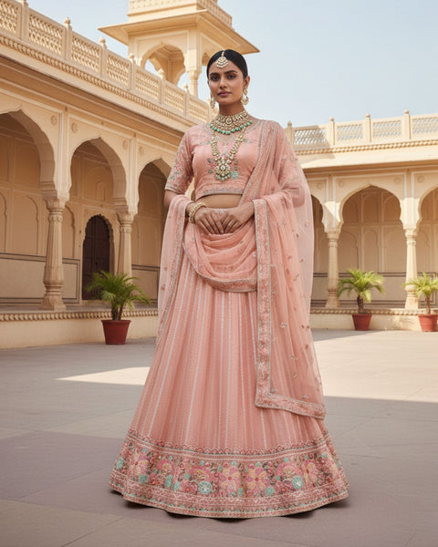Peach Net Sequins & Thread Work Customized Women Lehenga Choli With Net Dupatta