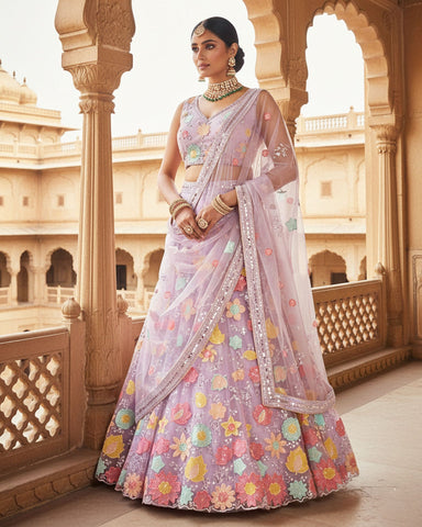 Violet Net Sequins & Thread Work Customized Women Lehenga Choli With Net Dupatta