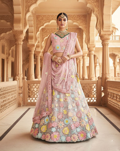 Peach Net Sequins & Thread Work Customized Women Lehenga Choli With Net Dupatta