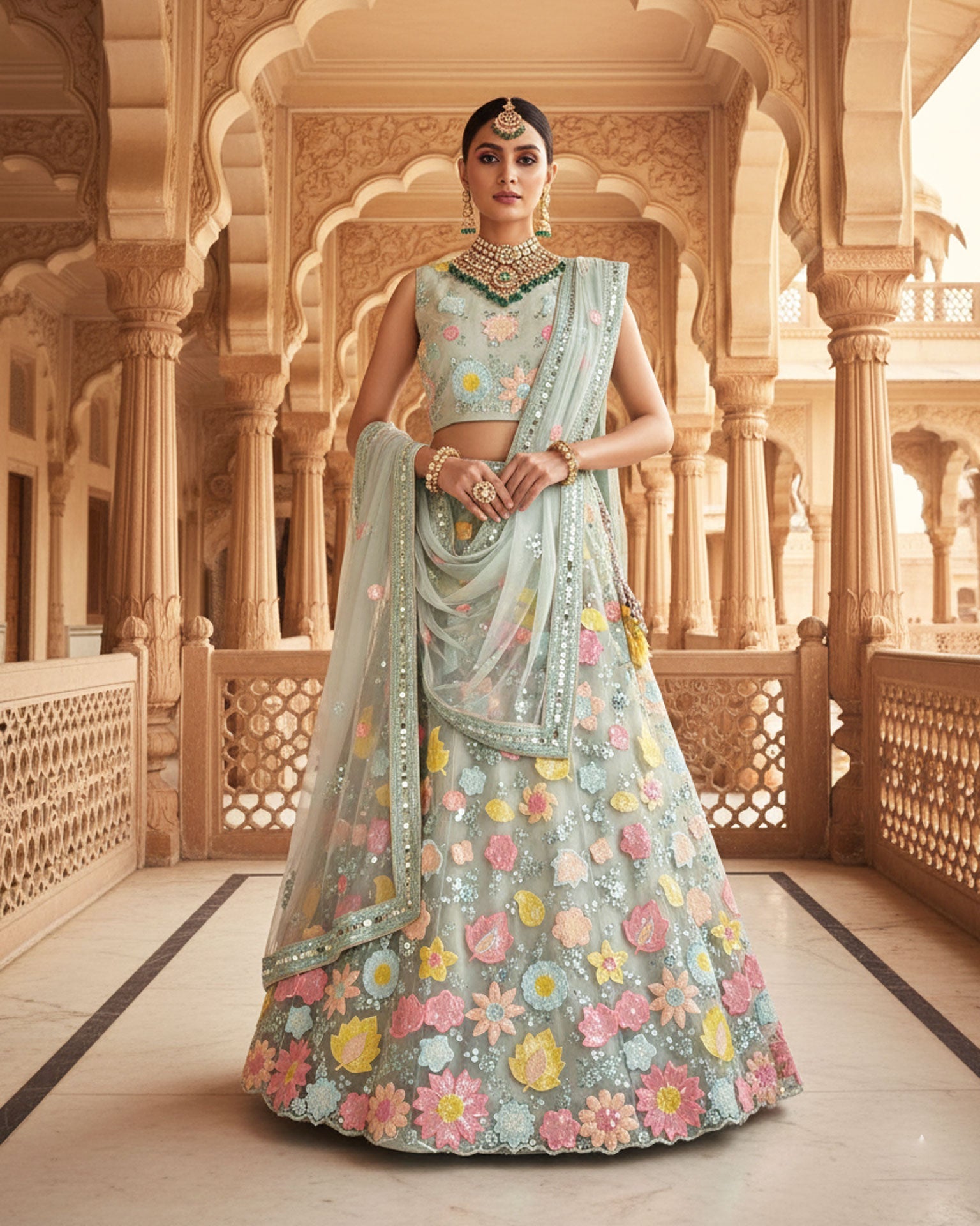 Sea Green Net Sequins & Thread Work Customized Women Lehenga Choli With Net Dupatta