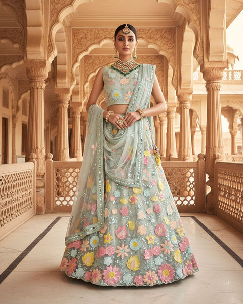 Sea Green Net Sequins & Thread Work Customized Women Lehenga Choli With Net Dupatta