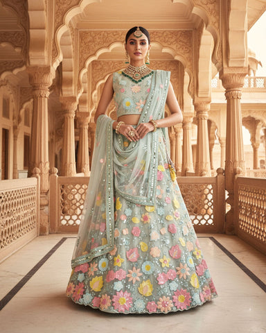 Sea Green Net Sequins & Thread Work Customized Women Lehenga Choli With Net Dupatta