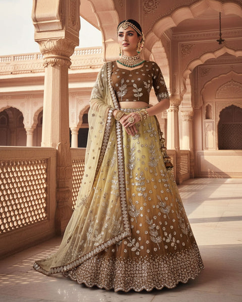 Mustard & Brown Net Sequins & Thread Work Customized Women Lehenga Choli With Net Dupatta