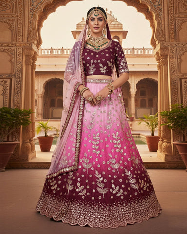 Shaded Pink Net Sequins & Thread Work Customized Women Lehenga Choli With Net Dupatta