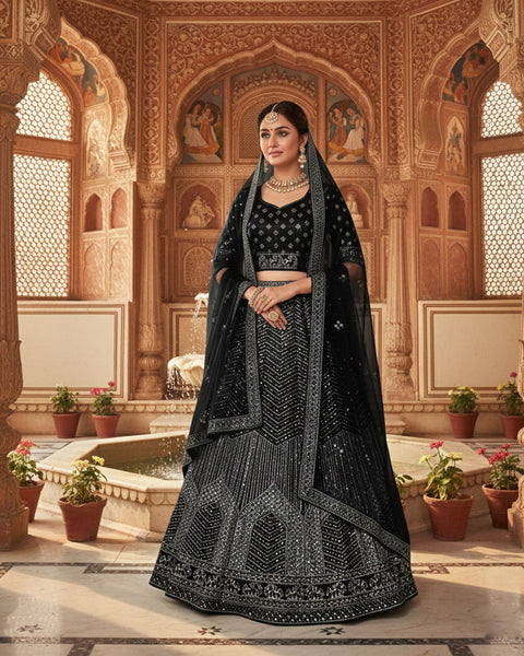 Black Net Sequins & Thread Work Customized Women Lehenga Choli With Net Dupatta