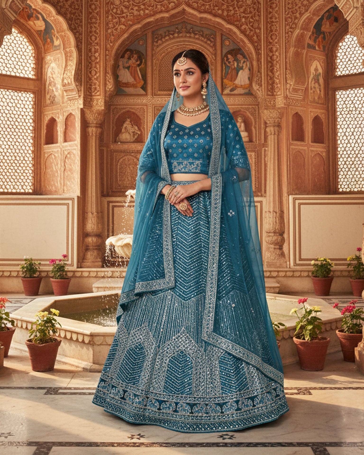 Teal Blue Net Sequins & Thread Work Customized Women Lehenga Choli With Net Dupatta