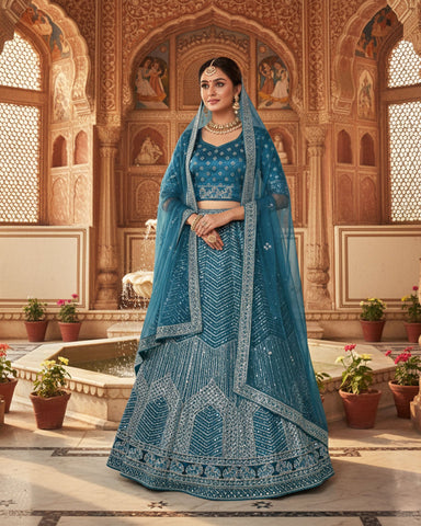Teal Blue Net Sequins & Thread Work Customized Women Lehenga Choli With Net Dupatta
