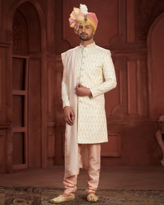 Cream & Peach Pure Silk Groom Wedding Sherwani With Jacket & Dupatta