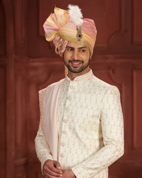 Cream & Peach Pure Silk Groom Wedding Sherwani With Jacket & Dupatta