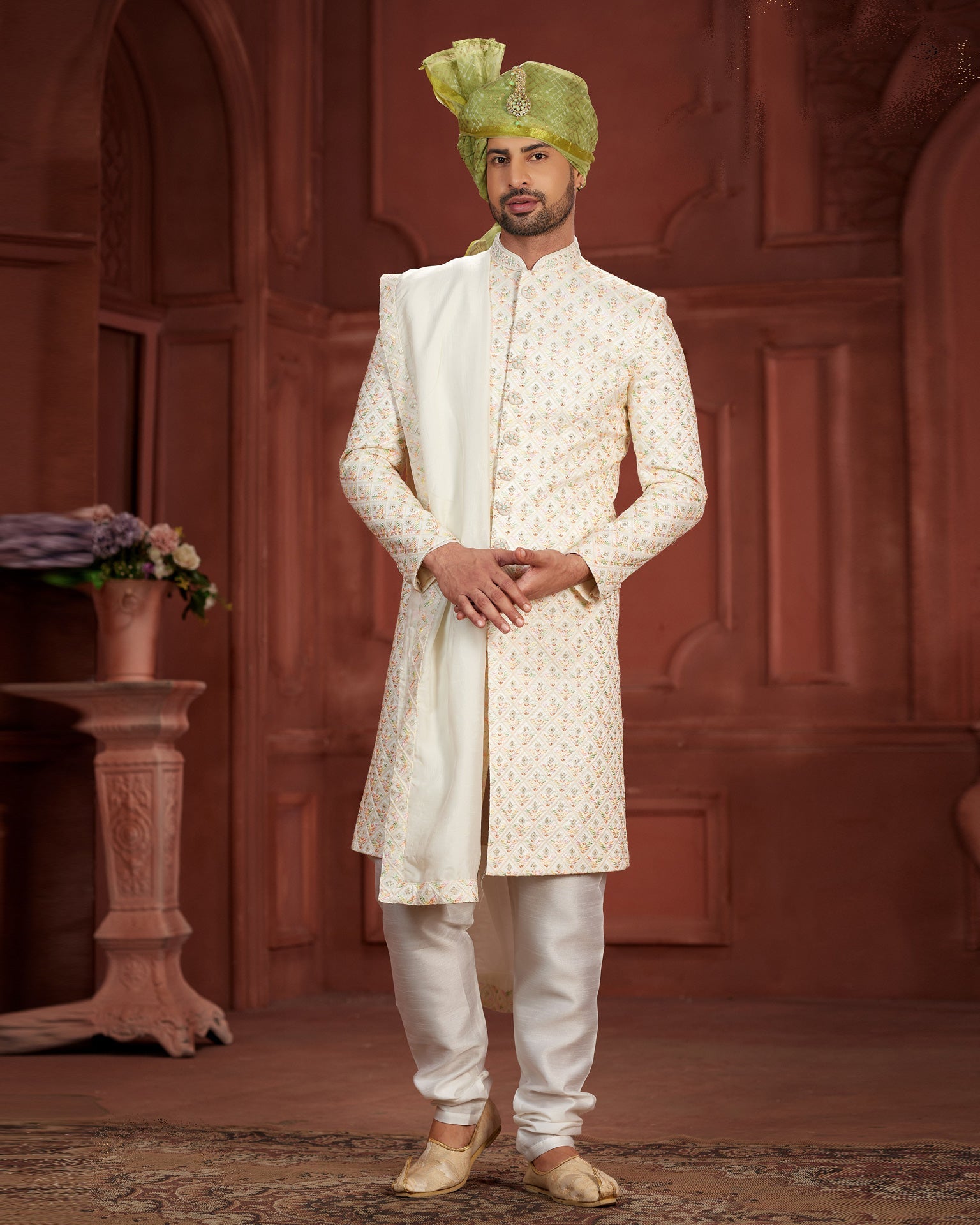 Cream Pure Silk Groom Wedding Sherwani With Dupatta