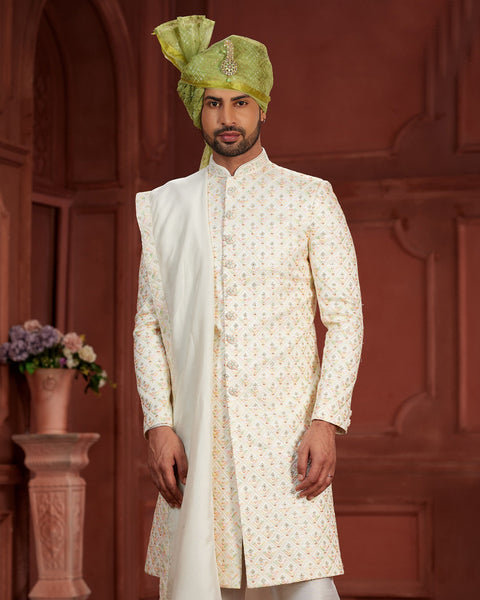 Cream Pure Silk Groom Wedding Sherwani With Dupatta