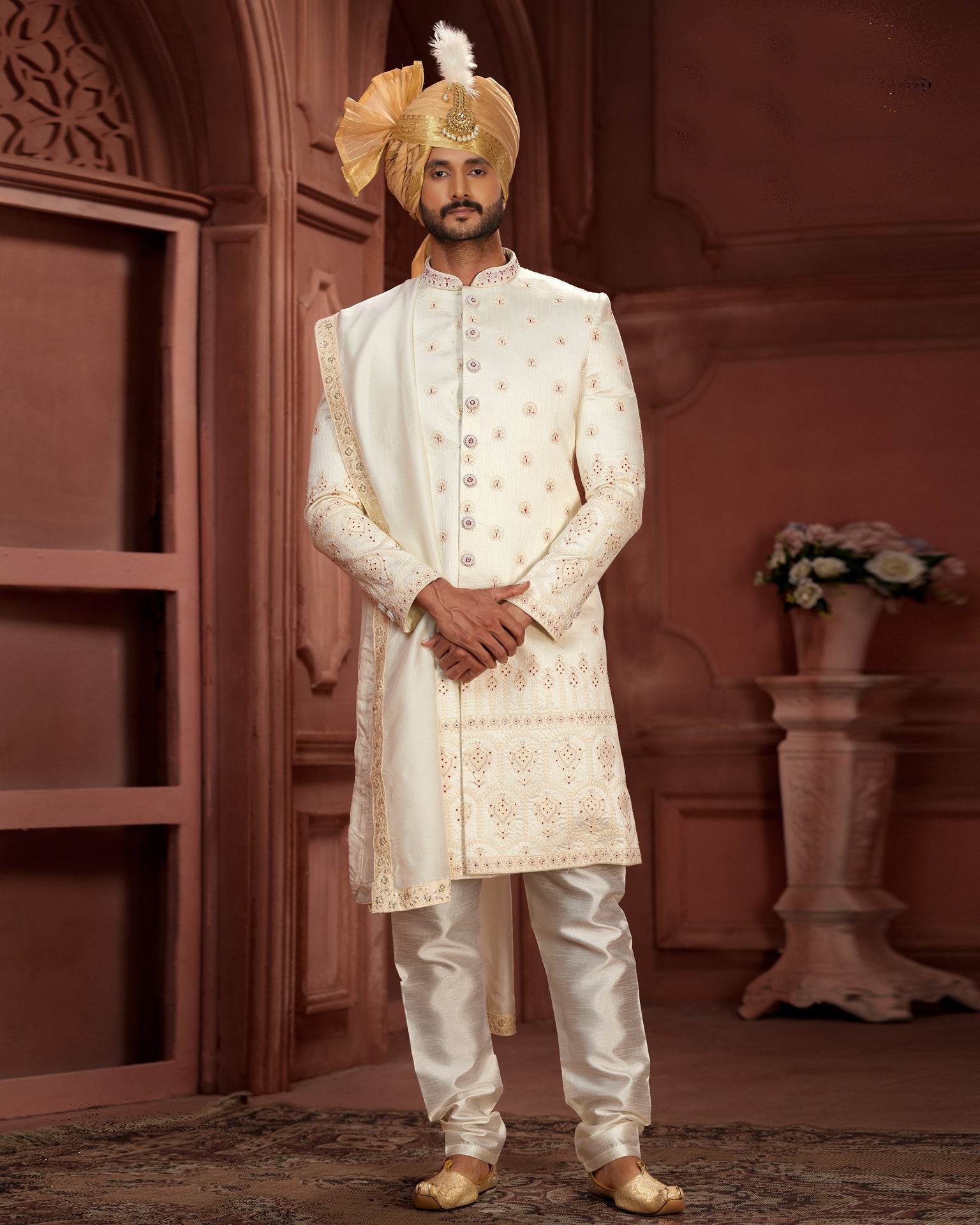 Off White Pure Silk Groom Wedding Sherwani With Dupatta