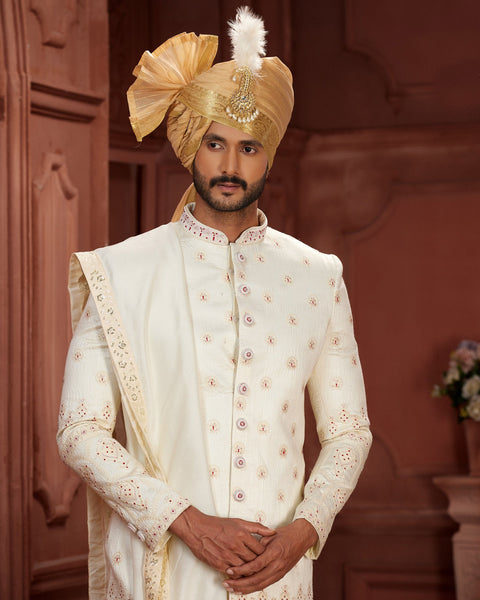 Off White Pure Silk Groom Wedding Sherwani With Dupatta