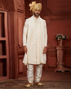 Cream Pure Silk Groom Wedding Sherwani With Dupatta