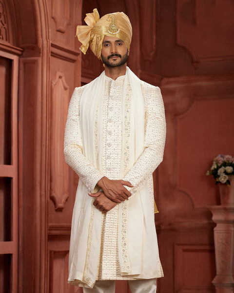 Cream Pure Silk Groom Wedding Sherwani With Dupatta