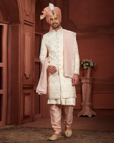 Cream & Pink Pure Silk Groom Wedding Sherwani With Jacket & Dupatta