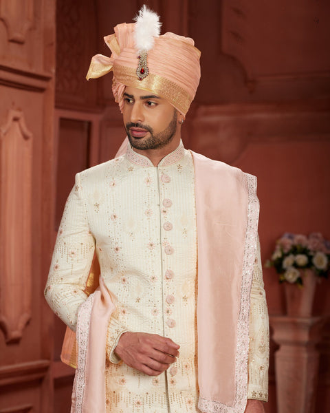 Cream & Pink Pure Silk Groom Wedding Sherwani With Jacket & Dupatta