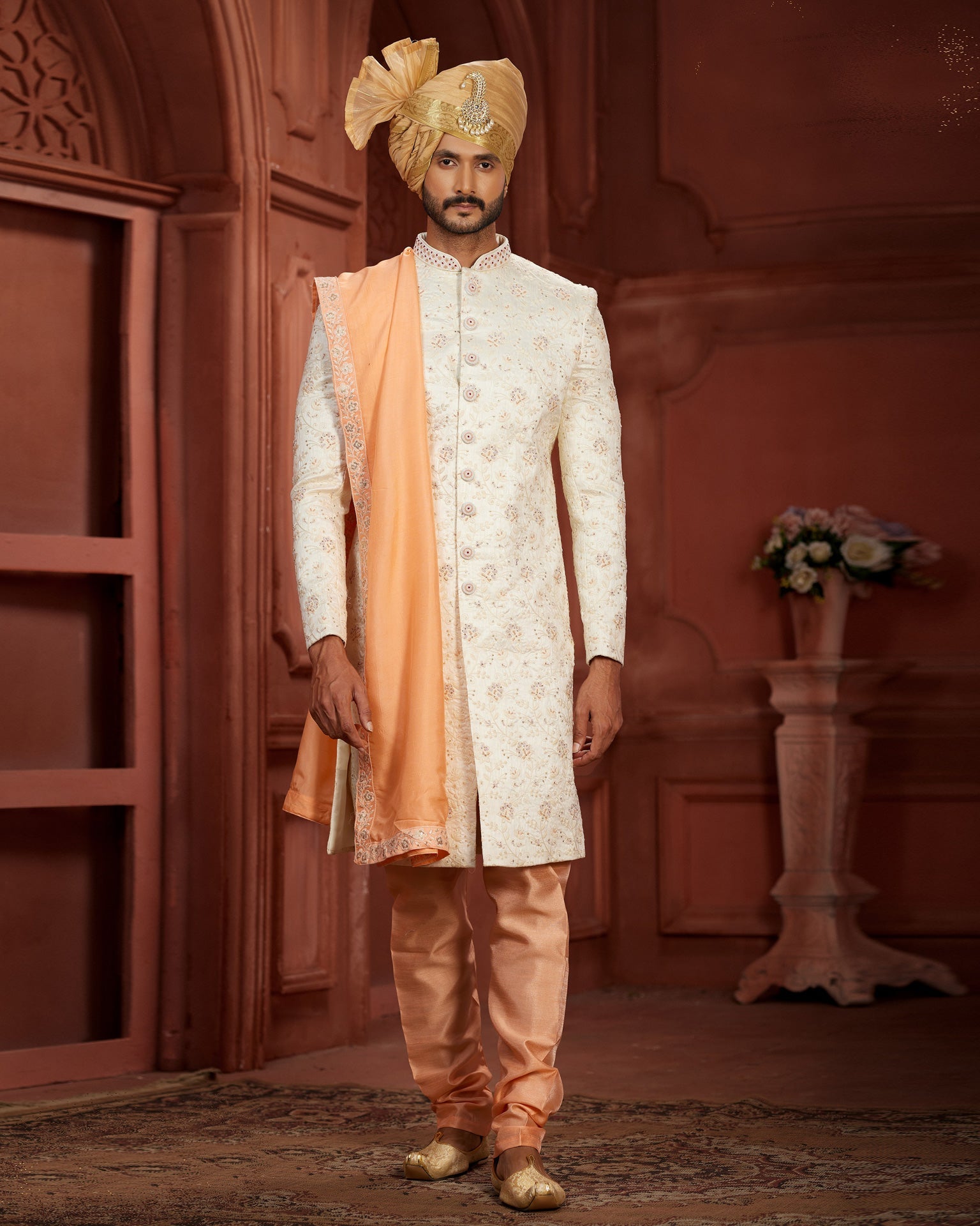 Cream & Orange Pure Silk Groom Wedding Sherwani With Dupatta