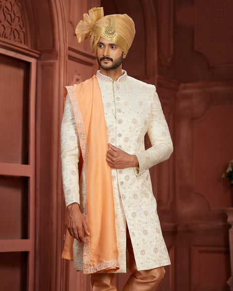 Cream & Orange Pure Silk Groom Wedding Sherwani With Dupatta