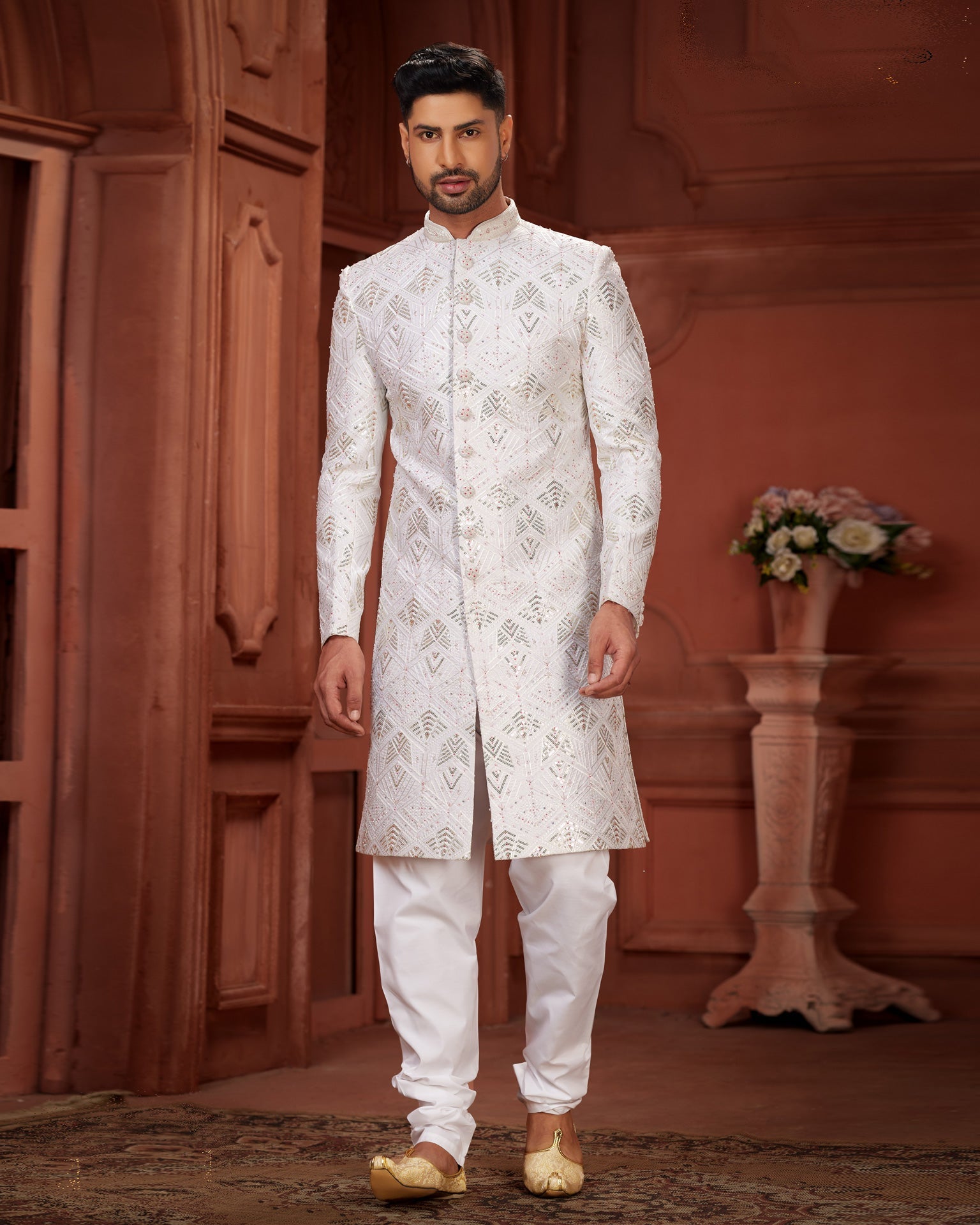 White Sequins Work Pure Silk Groom Wedding Sherwani