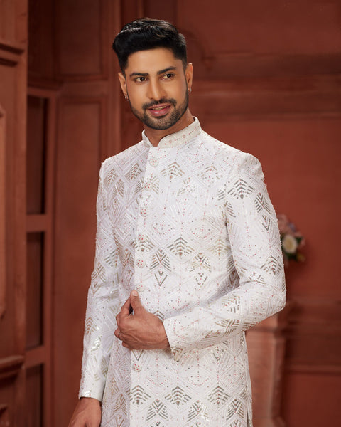 White Sequins Work Pure Silk Groom Wedding Sherwani