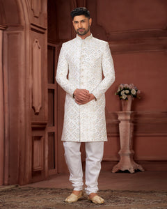 White Sequins Work Pure Silk Groom Wedding Sherwani