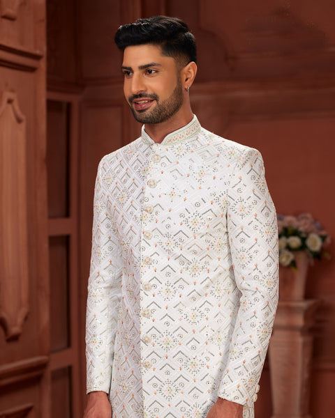 White Sequins Work Pure Silk Groom Wedding Sherwani