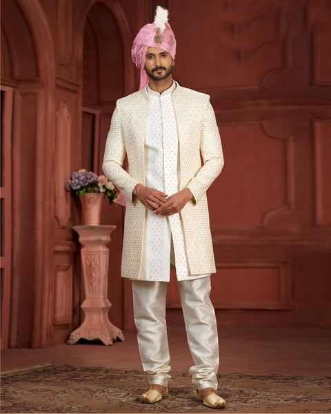 Cream & White Pure Silk Groom Wedding Sherwani With Jacket & Dupatta