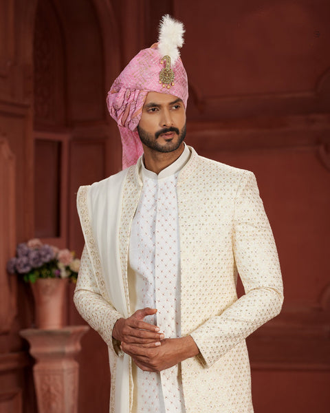 Cream & White Pure Silk Groom Wedding Sherwani With Jacket & Dupatta