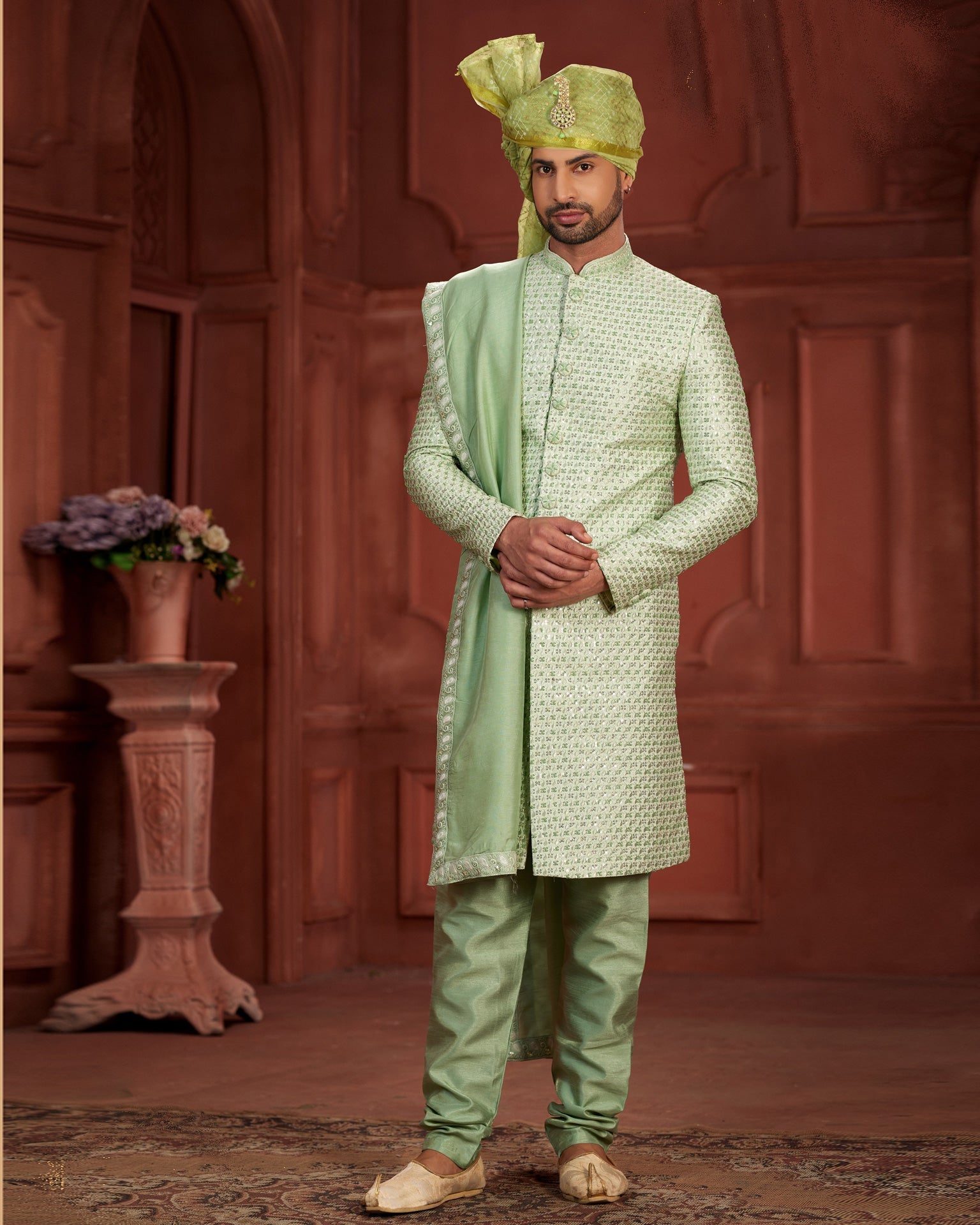 Pista Green Pure Silk Groom Wedding Sherwani With Dupatta