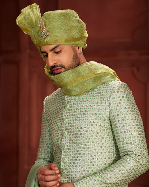 Pista Green Pure Silk Groom Wedding Sherwani With Dupatta