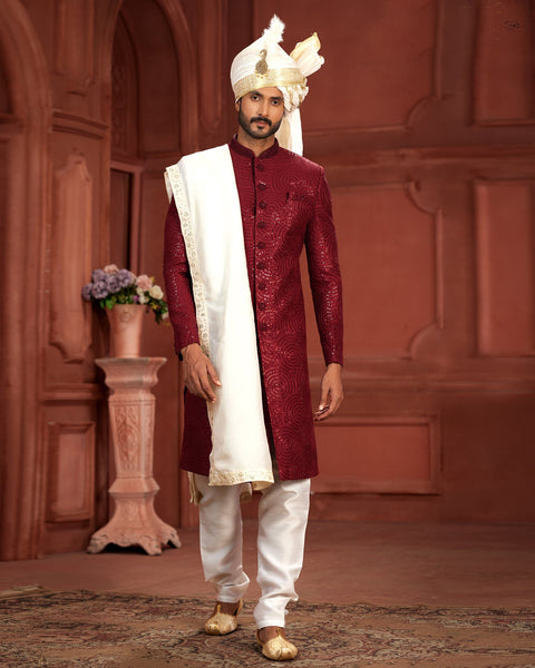 Maroon & Off White Pure Silk Groom Wedding Sherwani With Dupatta