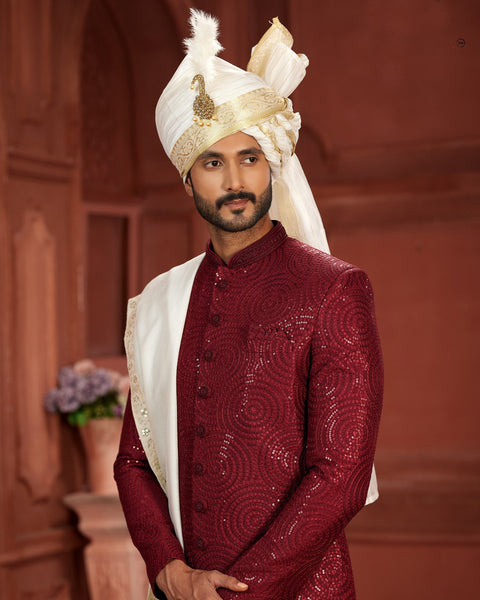 Maroon & Off White Pure Silk Groom Wedding Sherwani With Dupatta