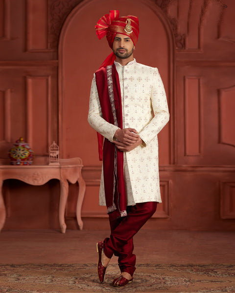 White & Maroon Pure Silk Groom Wedding Sherwani With Dupatta