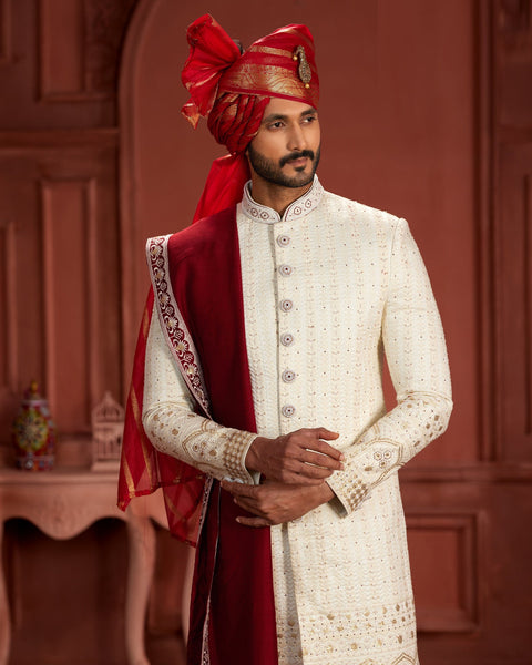 White & Maroon Pure Silk Groom Wedding Sherwani With Dupatta