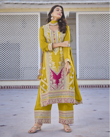 Yellow Zari Work Chinnon Silk Wedding Palazzo Suit