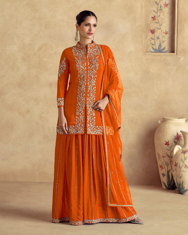 Chinnon Silk Orange Thread Stone Work Women Readymade Short Kurta With Palazzo Suit