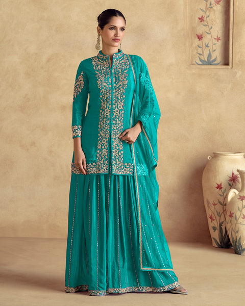 Chinnon Silk Blue Thread Stone Work Women Readymade Short Kurta With Palazzo Suit