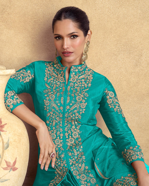 Chinnon Silk Blue Thread Stone Work Women Readymade Short Kurta With Palazzo Suit