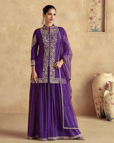 Chinnon Silk Purple Thread Stone Work Women Readymade Short Kurta With Palazzo Suit