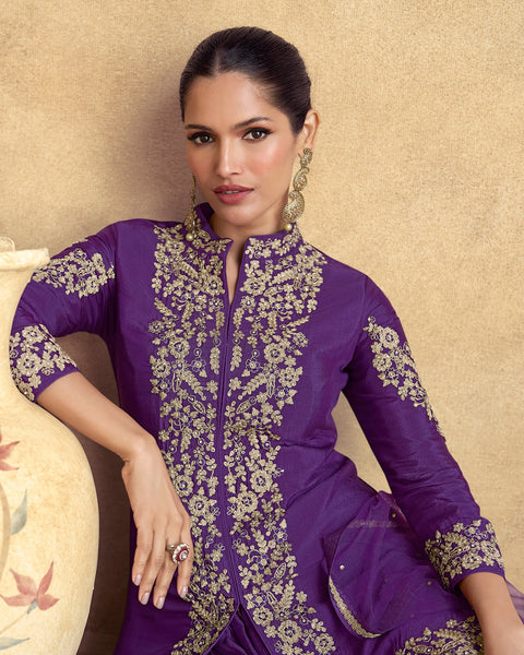 Chinnon Silk Purple Thread Stone Work Women Readymade Short Kurta With Palazzo Suit