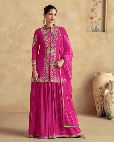 Chinnon Silk Pink Thread Stone Work Women Readymade Short Kurta With Palazzo Suit