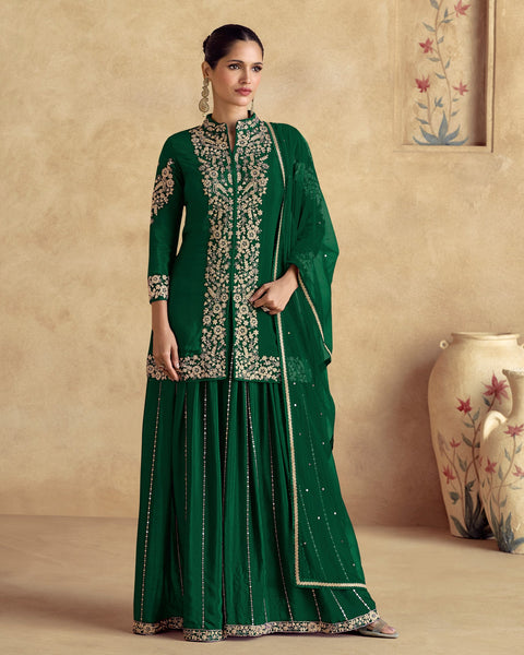 Chinnon Silk Green Thread Stone Work Women Readymade Short Kurta With Palazzo Suit