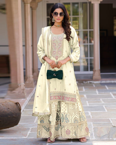 Cream Chinnon Silk Foil Embroidery Work Women Readymade Sharara Suit
