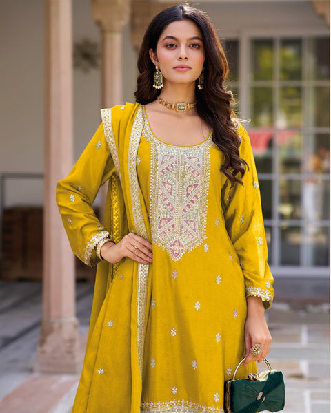 Yellow Chinnon Silk Foil Embroidery Work Women Readymade Sharara Suit