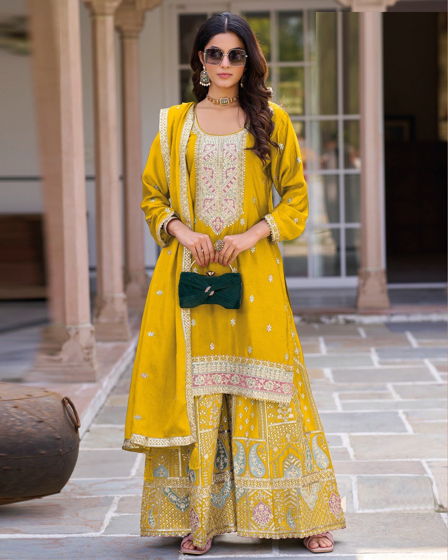 Yellow Chinnon Silk Foil Embroidery Work Women Readymade Sharara Suit