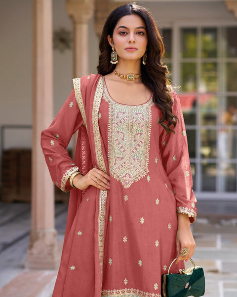 Rose Pink Chinnon Silk Foil Embroidery Work Women Readymade Sharara Suit