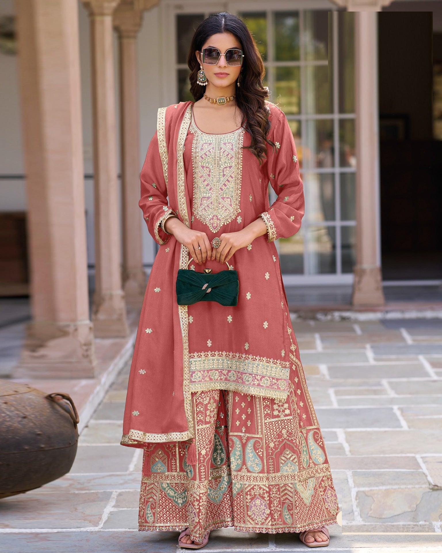 Rose Pink Chinnon Silk Foil Embroidery Work Women Readymade Sharara Suit