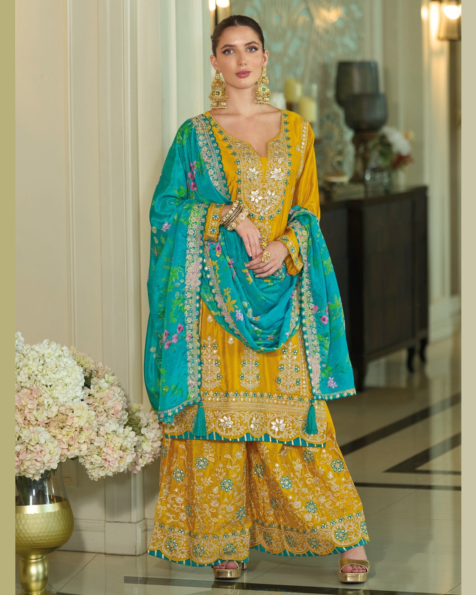 Yellow Blue Chinnon Silk Khatli Thread Sequins Work Women Readymade Sharara Suit